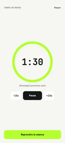 Full-screen rest timer, lime ring, one minute thirty remaining.