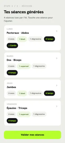 Your generated sessions screen: four sessions and their techniques.