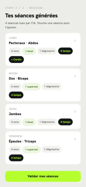 Review screen: four sessions read by the AI with the techniques it detected.